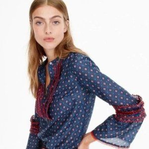 J. Crew Embroidered Bell Sleeve Top in Foulard 6, Cotton/Silk Blend